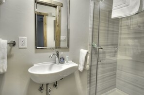 Regadera, secadora de cabello, toallas, papel de baño 