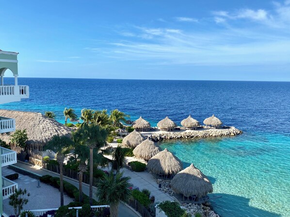 A resort with thatched-roof huts, palm trees, and a clear view of the ocean.