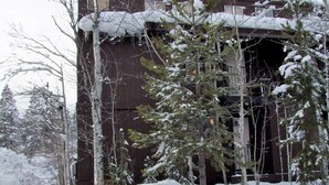Un bâtiment à l’extérieur brun, entouré d’arbres couverts de neige et avec un amas de neige devant.