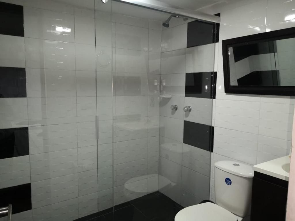 A bathroom with a glass shower enclosure, a white toilet, and a mirror above the sink.