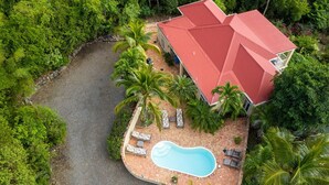 A house with a red roof, a swimming pool, and a paved patio surrounded by palm trees.