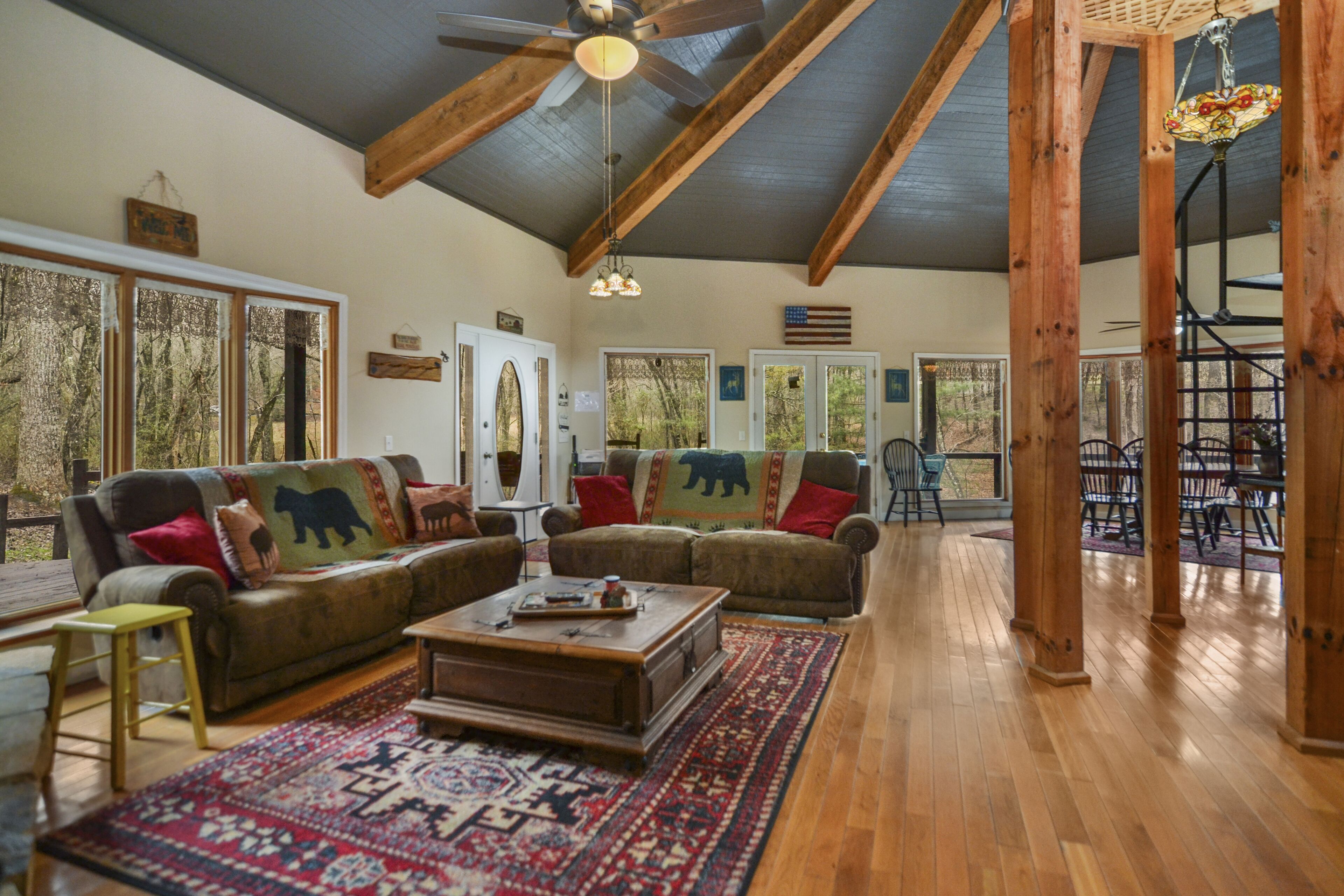 Smart TV, fireplace, books, stereo