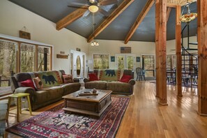 Smart TV, fireplace, books, stereo