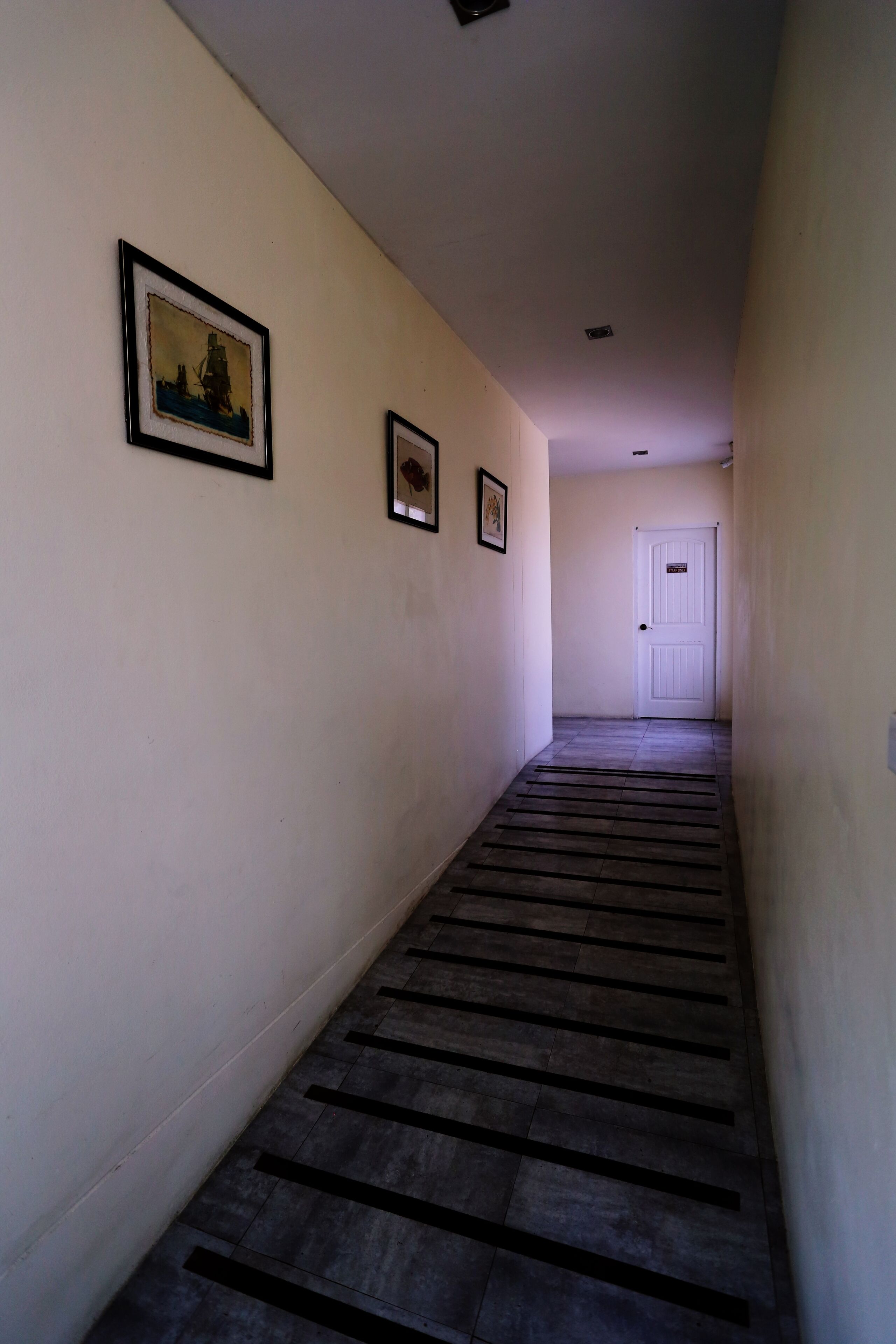 Un pasillo estrecho con suelo de madera, paredes blancas y dos cuadros en la pared izquierda.