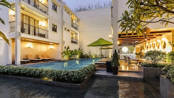 Outdoor pool, pool umbrellas, pool loungers