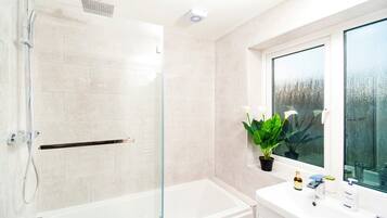 Hair dryer, towels, soap, shampoo