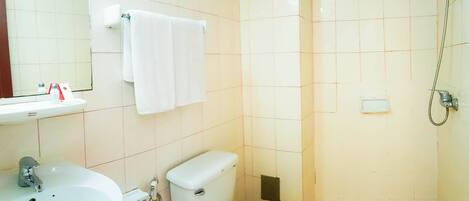 Um banheiro com pia, vaso sanitário e chuveiro.