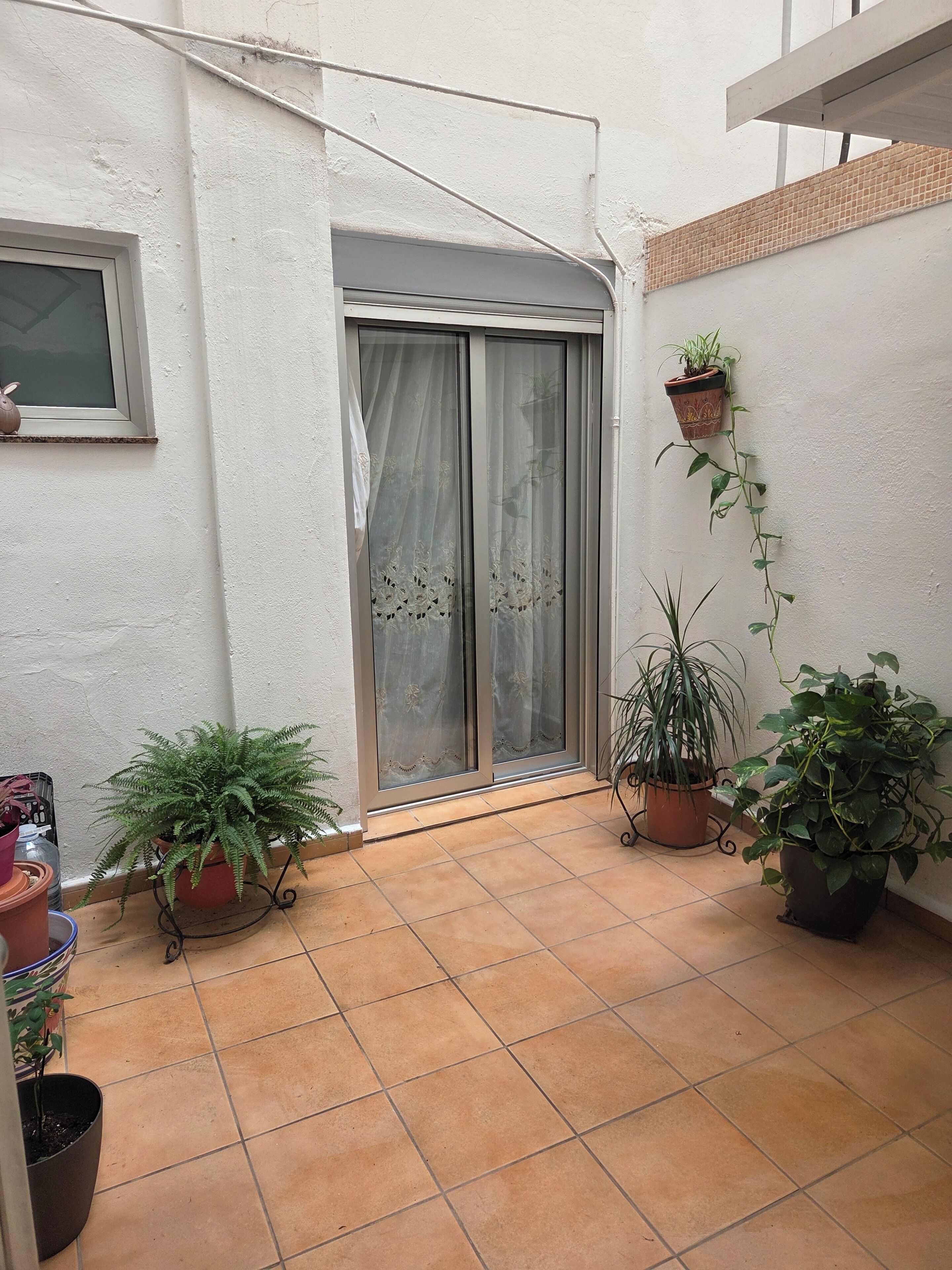 Une petite cour avec un sol carrelé, une porte-fenêtre coulissante et plusieurs plantes en pot.