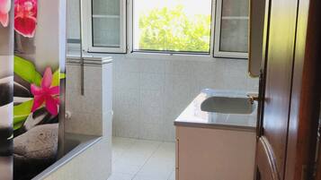 A bathroom with a shower, a sink, and a window.