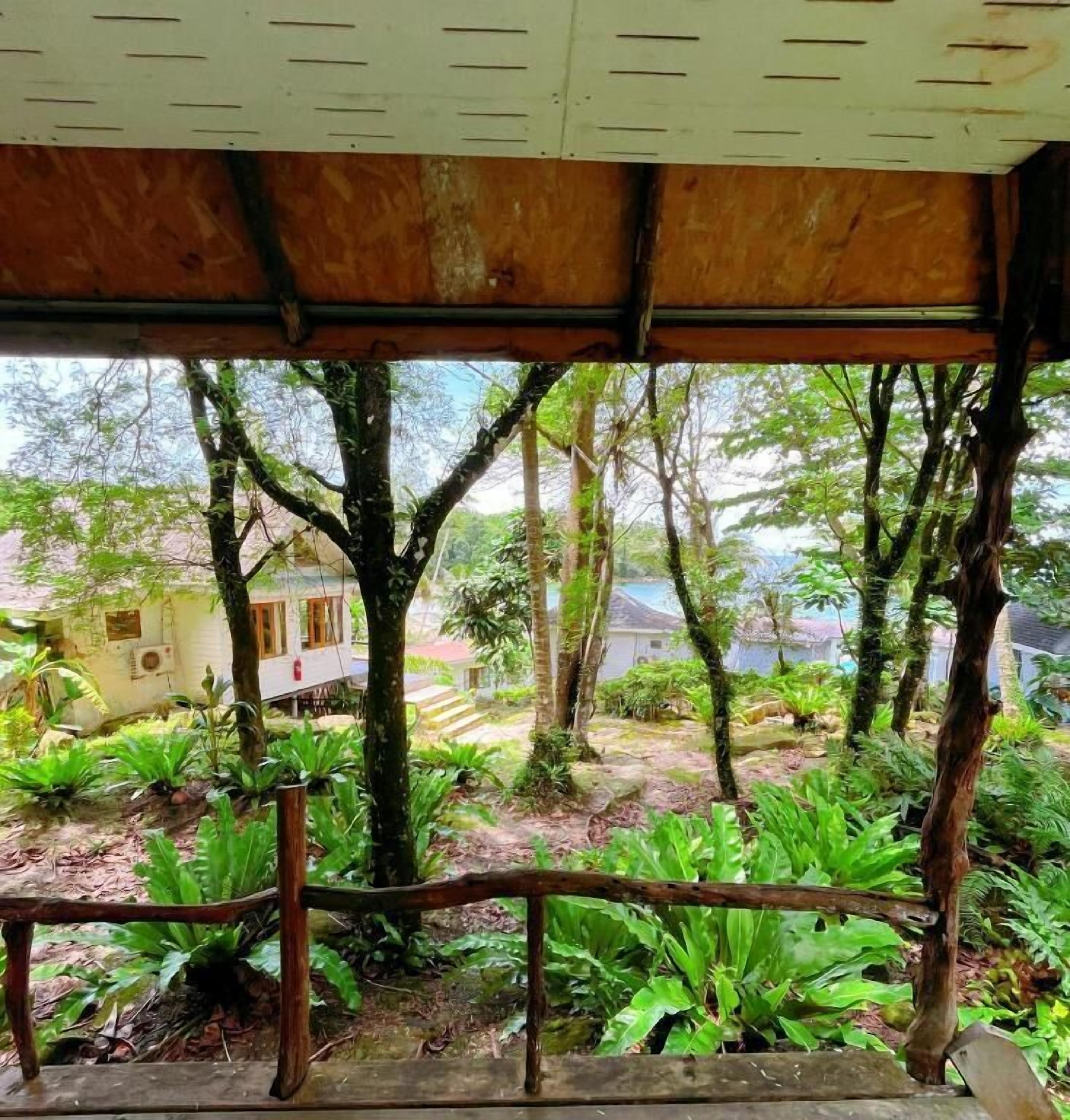 A covered outdoor area with a wooden railing, surrounded by trees and plants.
