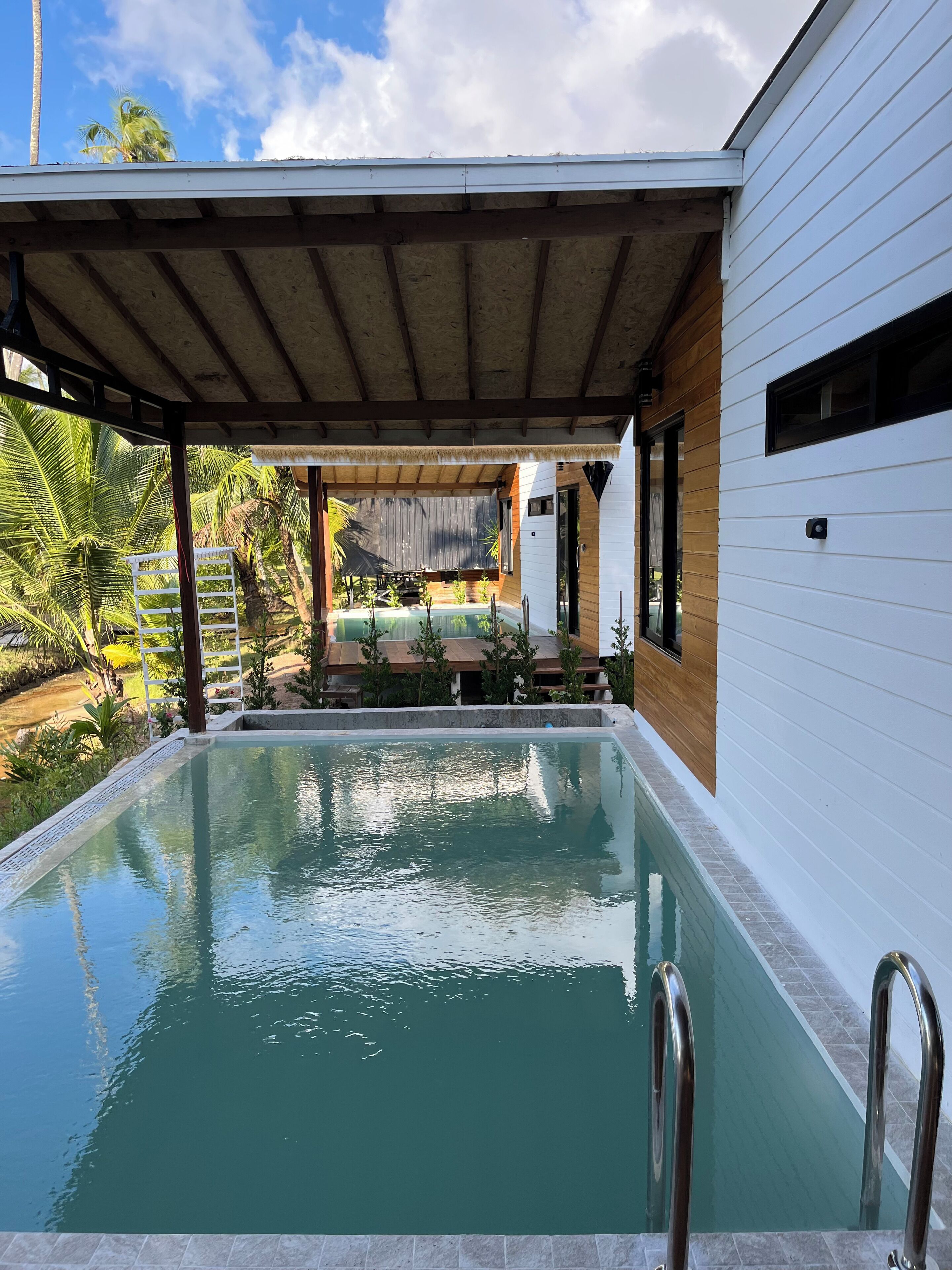 A swimming pool with a pergola overhead, surrounded by tropical plants and a wooden deck.
