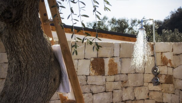 A stone wall with a showerhead, a wooden ladder, and a tree. - Masseria Poli (Conversano)
