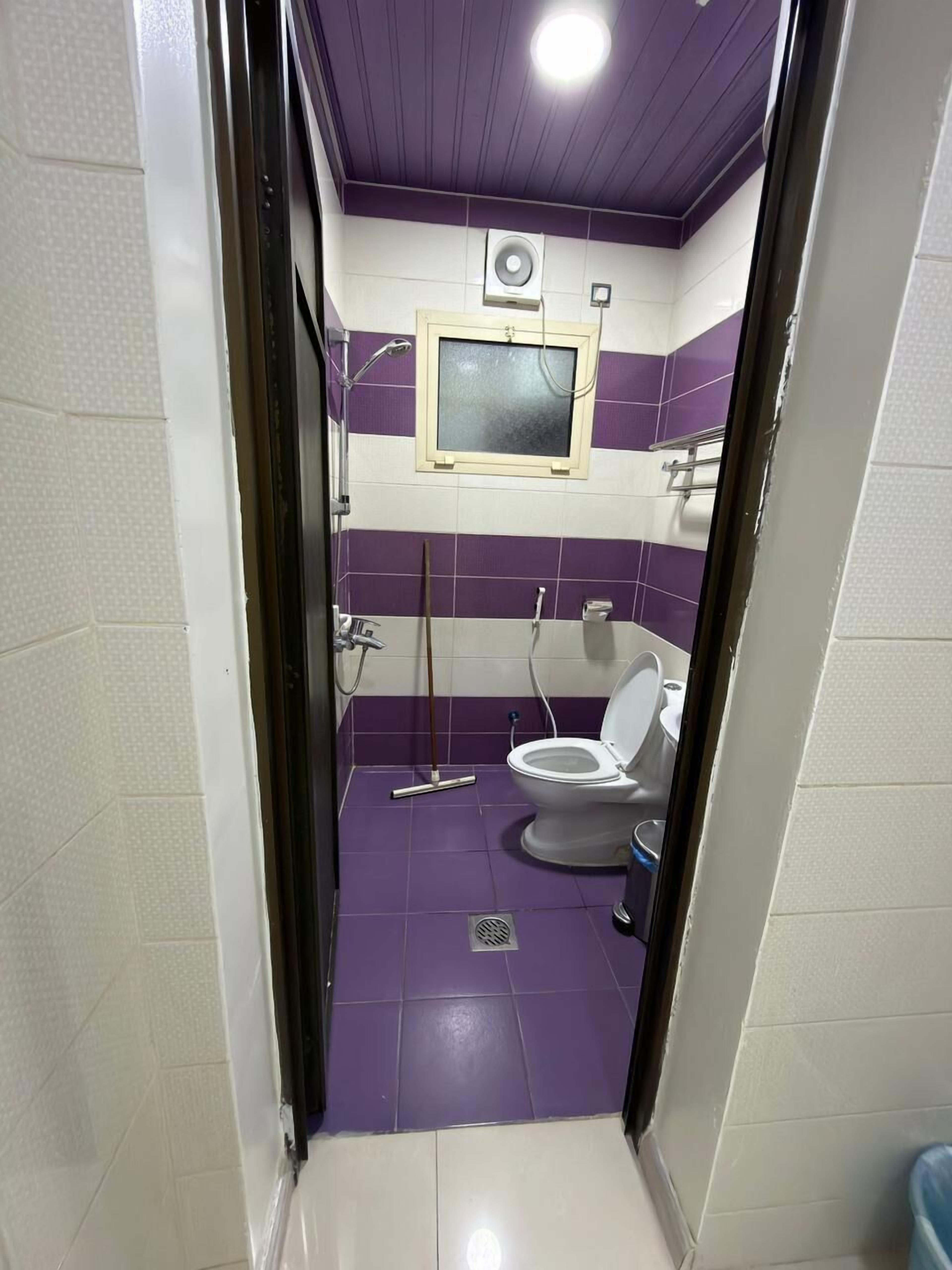 Et lille badeværelse med lilla og hvide fliser, et toilet, en bruser og et vindue.