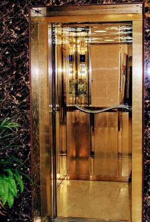 Een moderne lift met een metalen afwerking en een glazen deur.