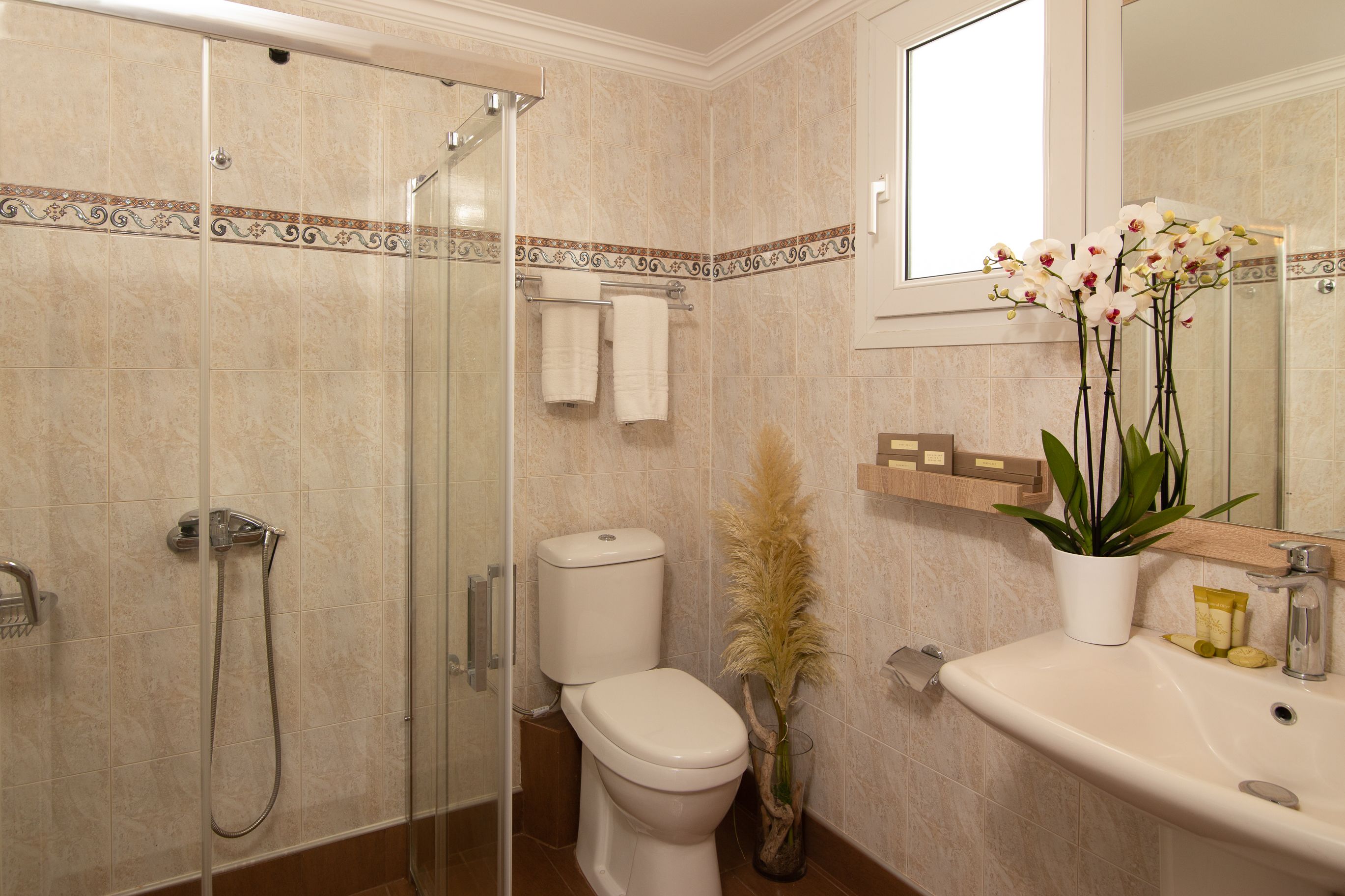 A bathroom with a glass shower enclosure, a toilet, a sink with a mirror, and a potted plant.