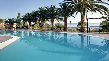 2 outdoor pools, a waterfall pool, open 8 AM to 8 PM, pool umbrellas