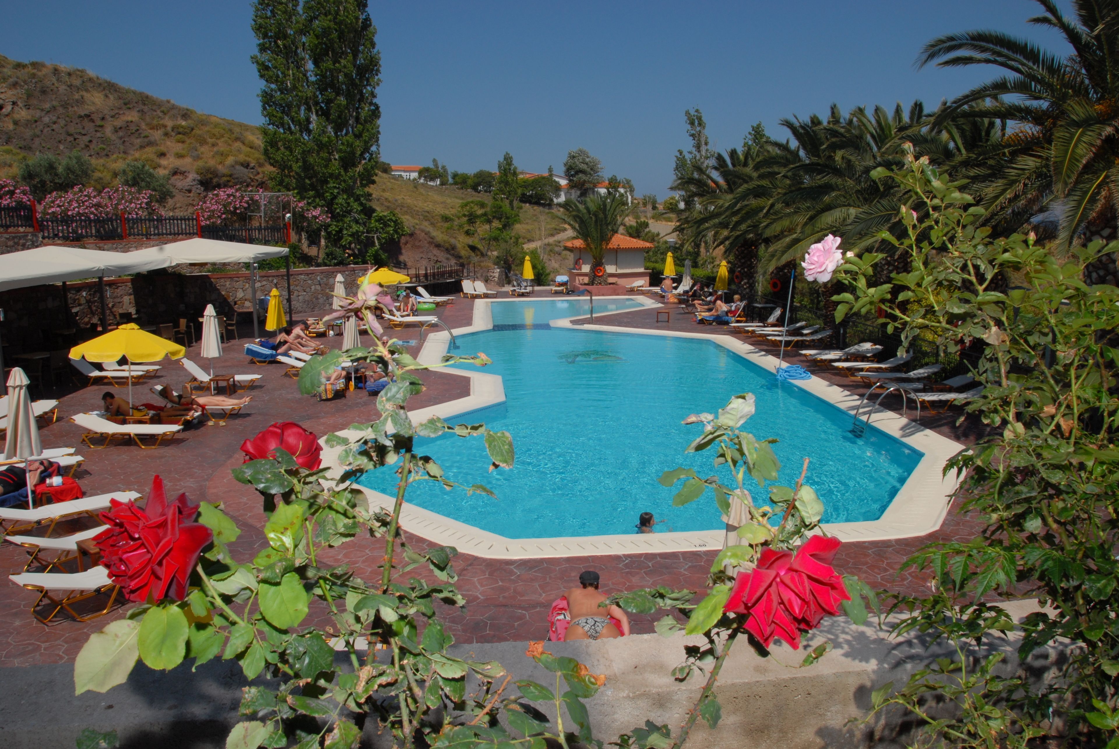 A pool area with lounge chairs and umbrellas, surrounded by greenery and a hilly landscape.