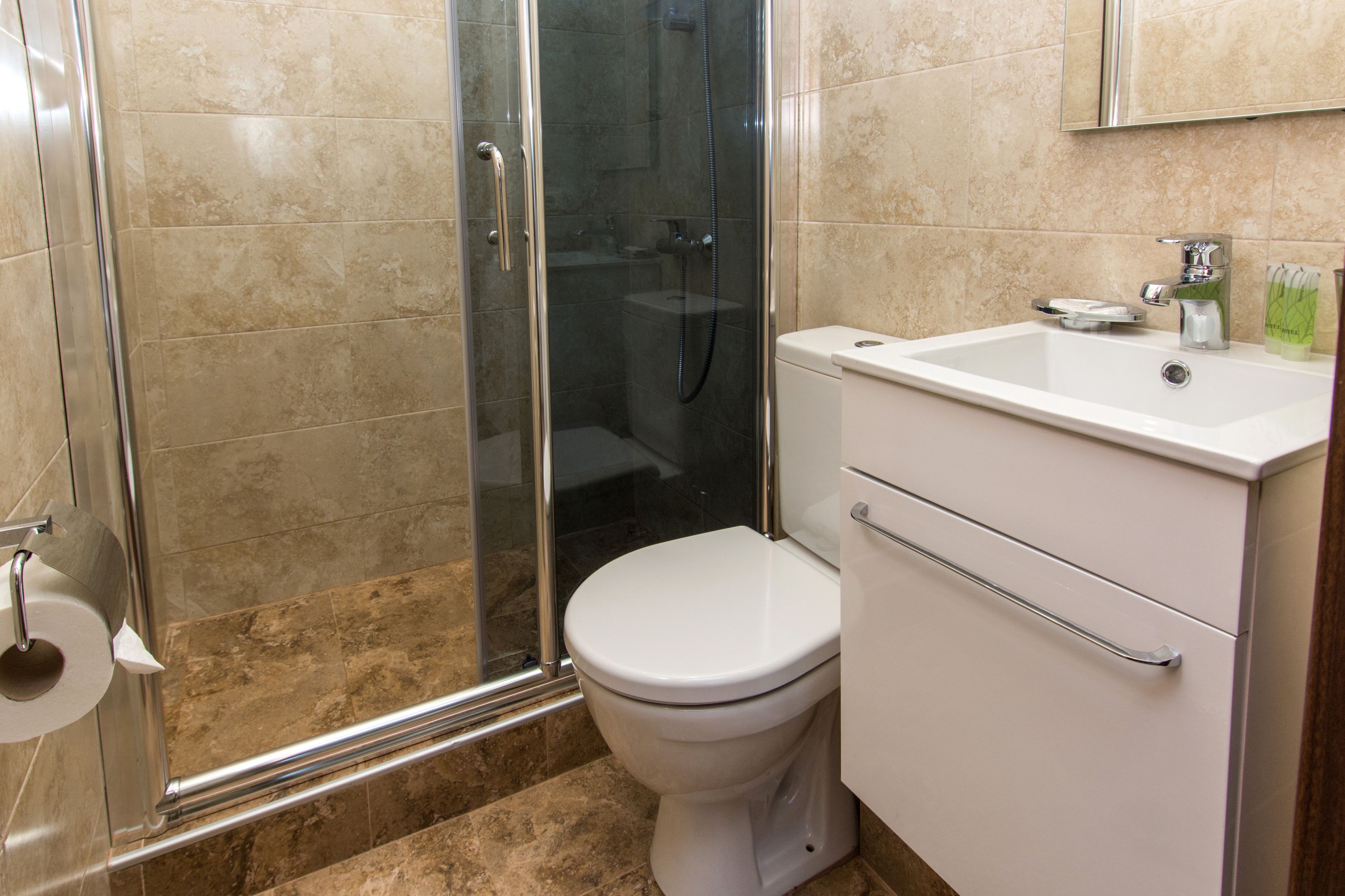 A bathroom with a glass-enclosed shower, a white toilet, and a sink with a mirror above it.