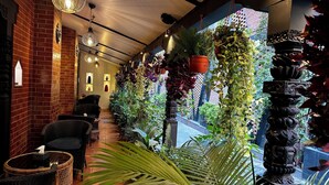 Un espace intérieur accueillant, avec des meubles en osier, des plantes suspendues et un éclairage décoratif.