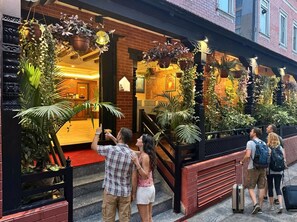 L’entrée d’un hôtel, avec un tapis rouge, des plantes en pot et un escalier menant au hall d’accueil.