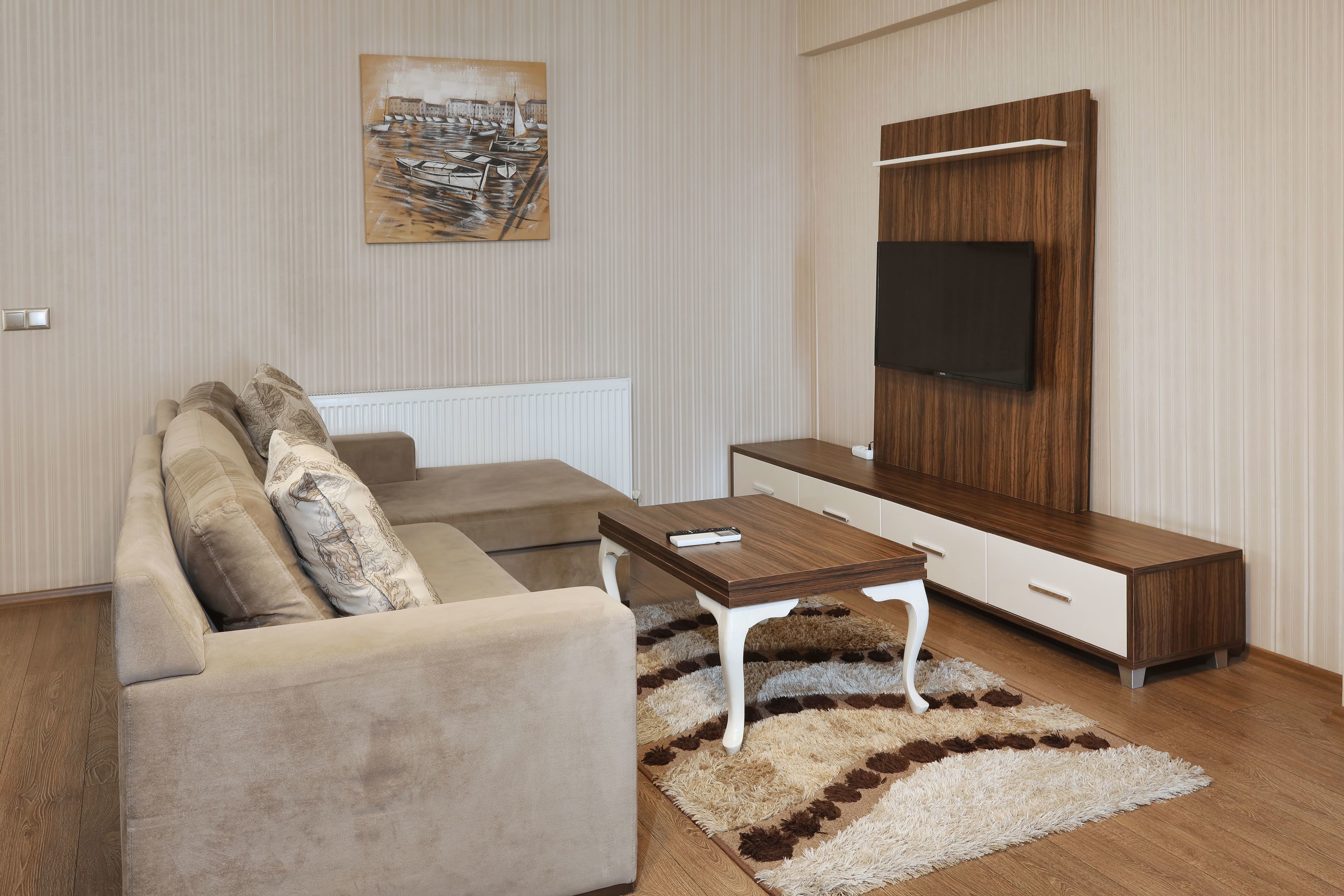 Een woonkamer met een bank, een salontafel, een aan een houten paneel bevestigde televisie en een kamerkleed met een patroon.
