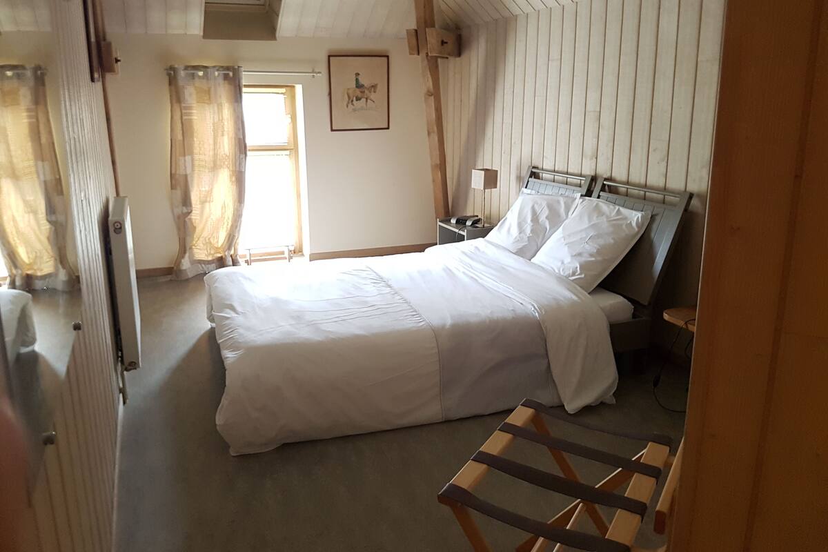 Une chambre à coucher avec un lit, une table de chevet, une lampe, une fenêtre avec des rideaux et une échelle en bois.