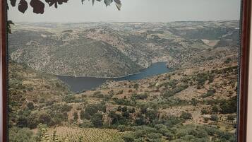 Vista panorámica de un paisaje montañoso con un lago y vegetación dispersa.