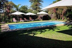 Outdoor pool, pool umbrellas, pool loungers