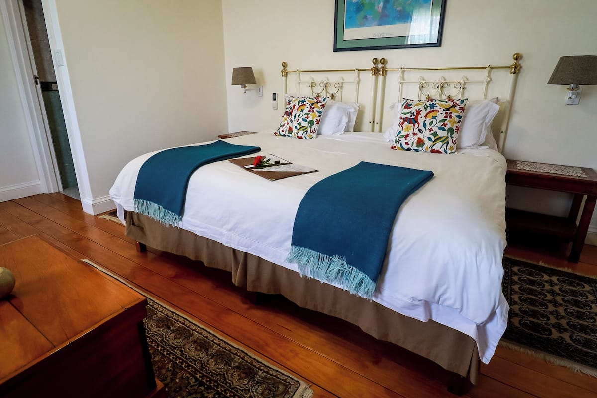 A double bed with a white and blue bedspread, two pillows, a bedside table with a lamp, and a framed picture on the wall.