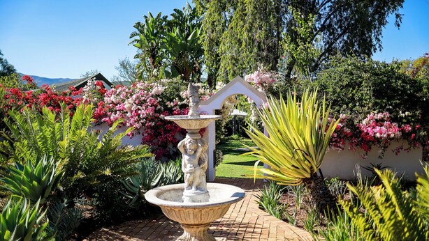 Ein Garten mit Brunnen, üppigem Grün und blühenden Pflanzen.