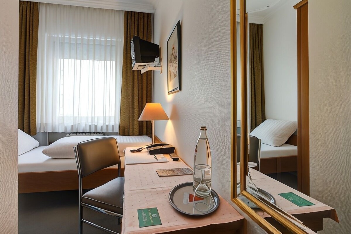 A hotel room with a bed, a desk with a lamp, a chair, a bottle, and a mirror.