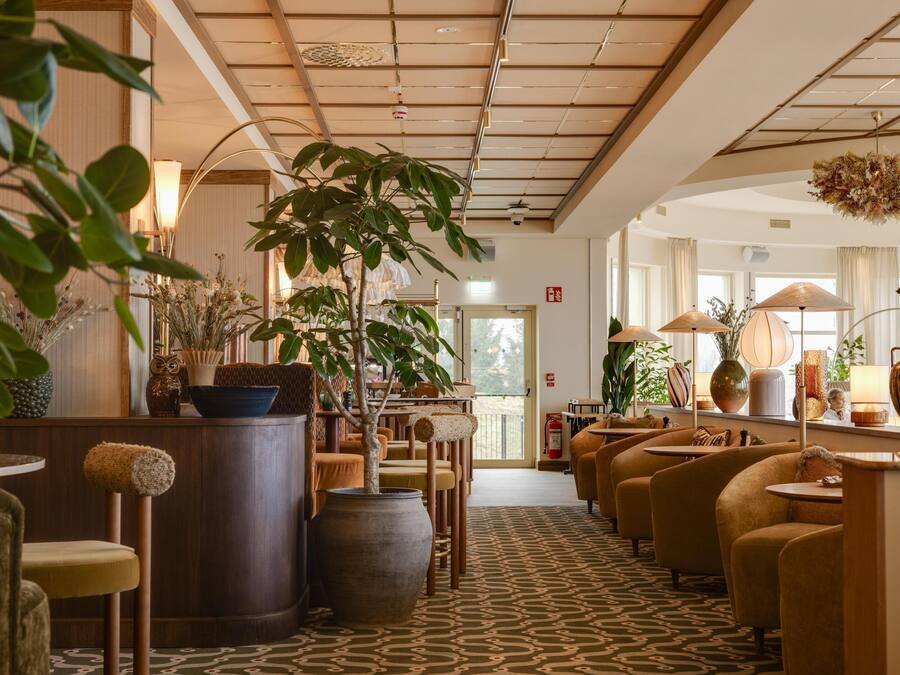 Un vestíbulo de hotel con zona de estar central, plantas en macetas grandes y una alfombra estampada.