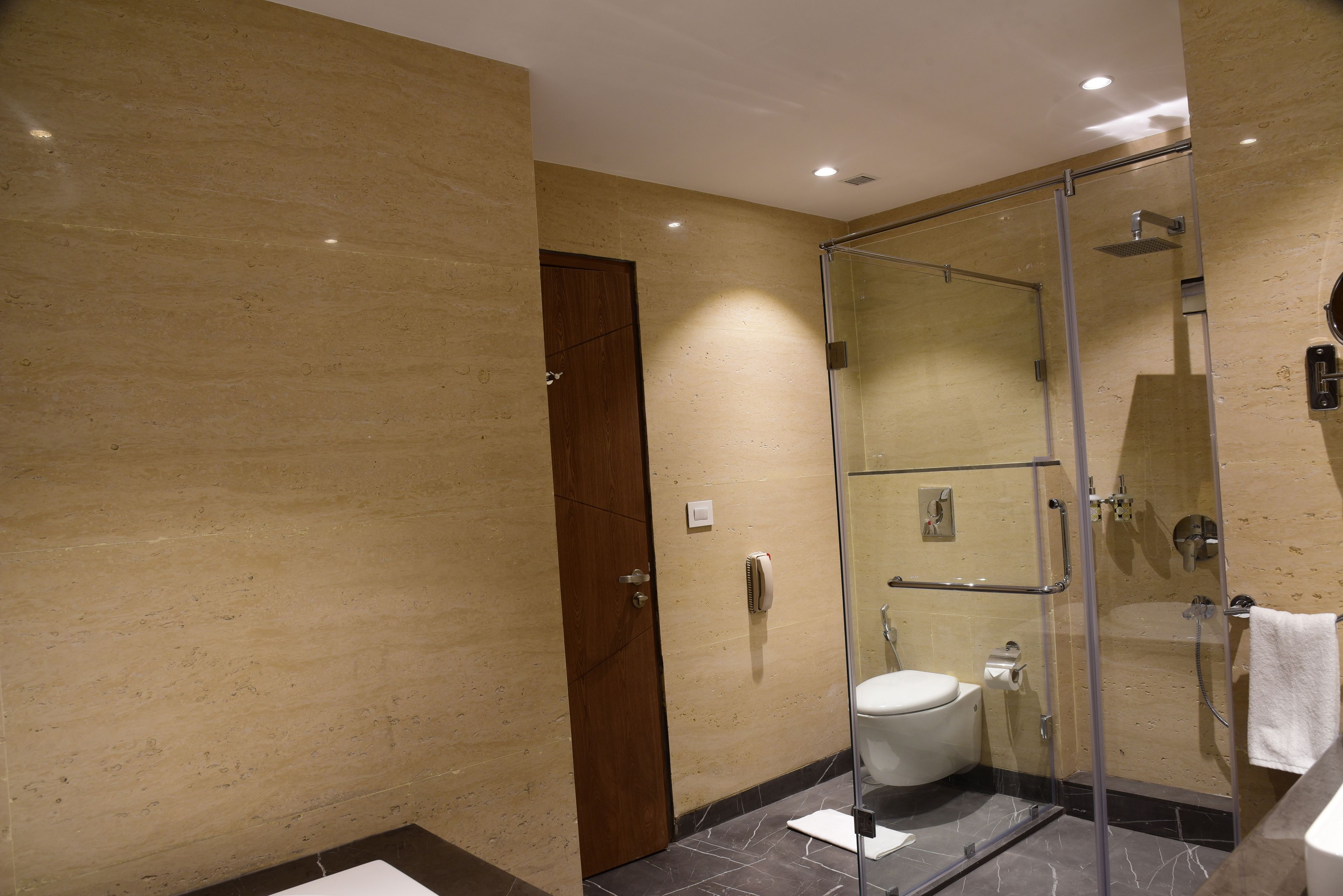 A modern bathroom with a glass-enclosed shower, a toilet, and a sink.