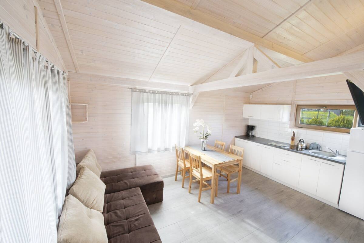 Una cocina moderna con armarios de madera, una mesa de comedor y un sofá.