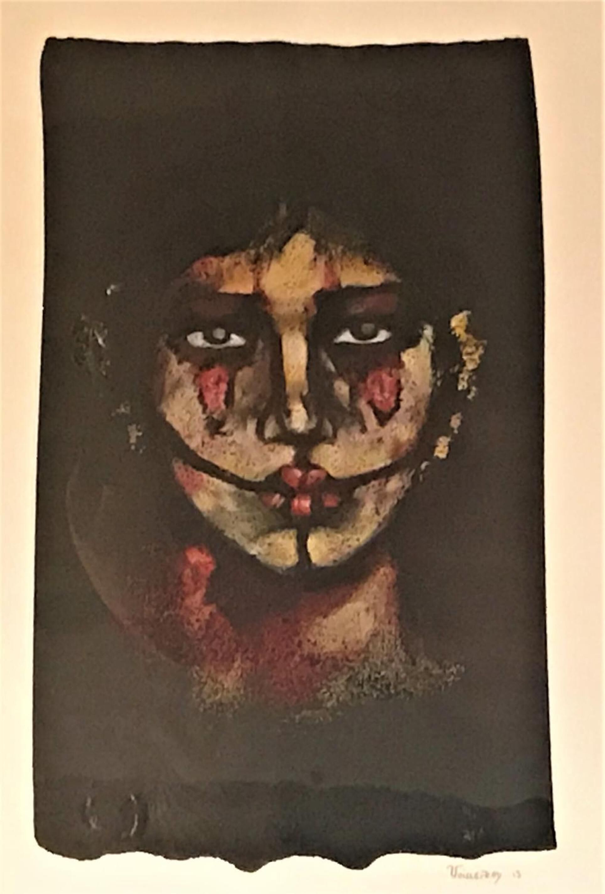 A painting with abstract human features and a dark background.