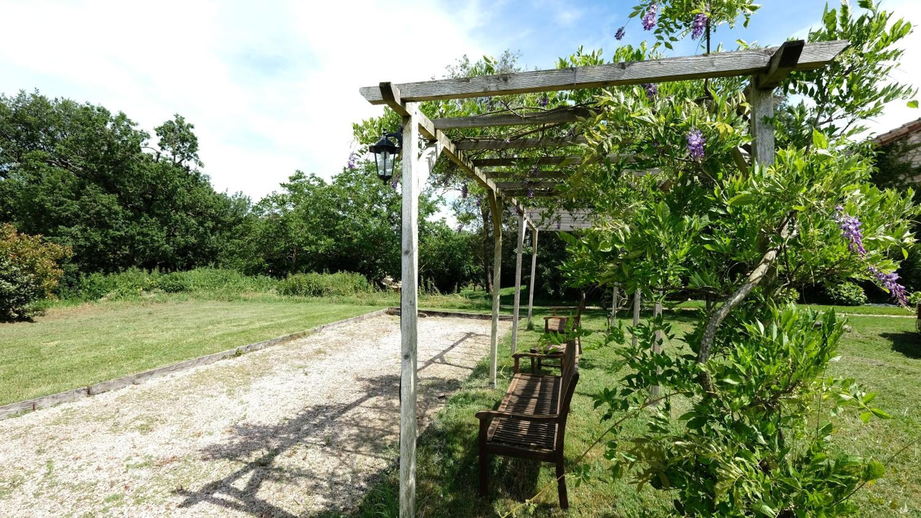 A wooden pergola with a bench under it, surrounded by greenery and flowering plants.