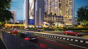 Ein modernes Hochhaus mit mehreren Stockwerken, großen Fenstern und einer auffälligen vertikalen Werbung.