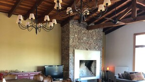 A spacious living area with a large wooden dining table, comfortable seating, a fireplace, and a television.