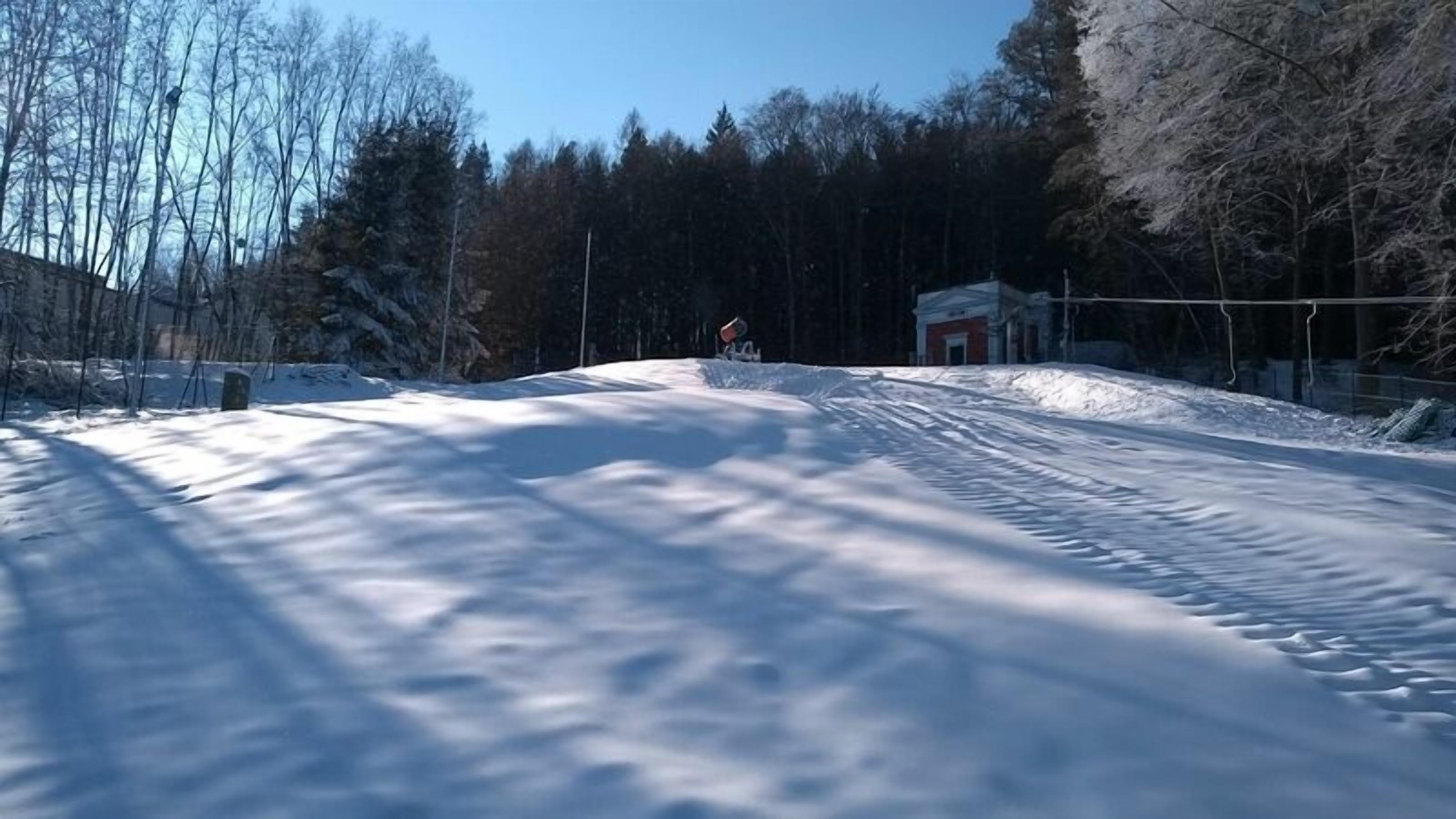 A snowy landscape with a ski slope, trees, and a building in the background.