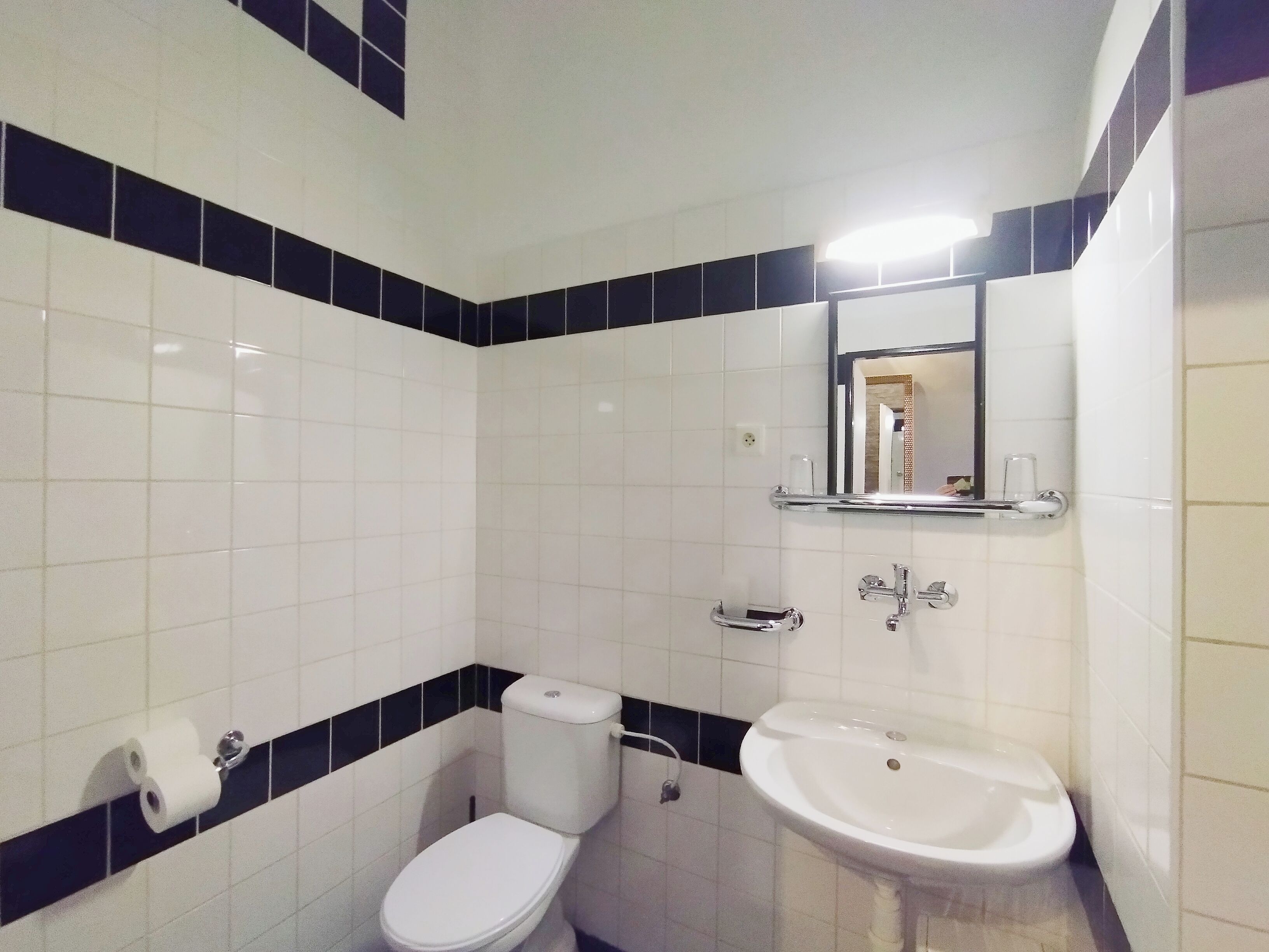 Un baño con inodoro, lavamanos y espejo.