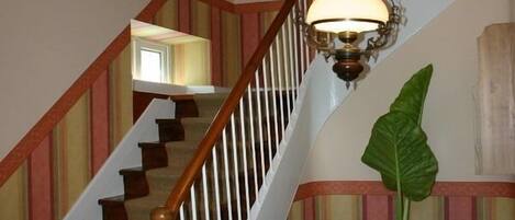 A staircase with a wooden handrail and white balusters, a hanging light fixture, and a large green plant.