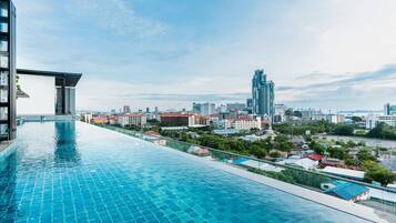 Une piscine à débordement située sur le toit, offrant une vue panoramique sur la ville, avec des bâtiments modernes et un ciel dégagé.
