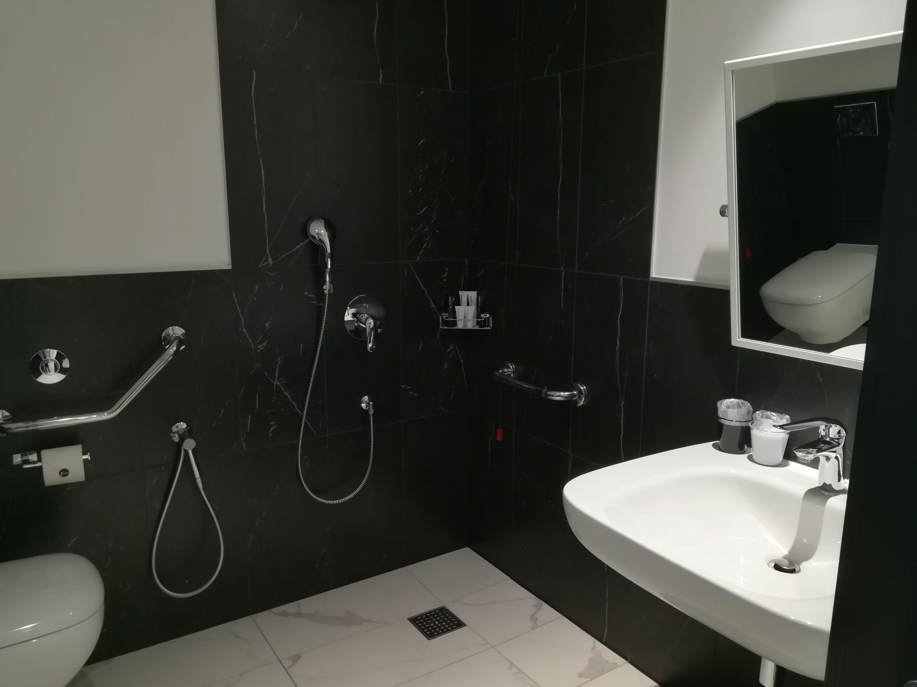 A modern bathroom with a white sink, black marble walls, a handheld showerhead, and a toilet with grab bars.