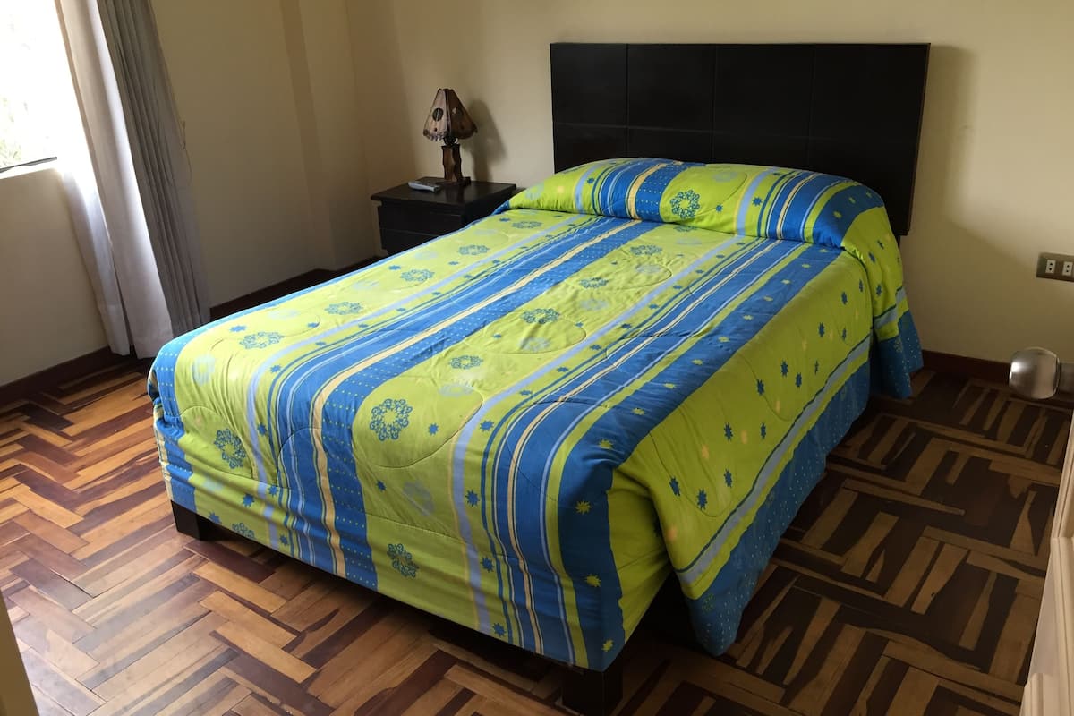 Ein Bett mit einem grün-blauen Bettbezug, ein Holzboden, ein schwarzer Kopfteil und ein Nachttisch mit einer Lampe.