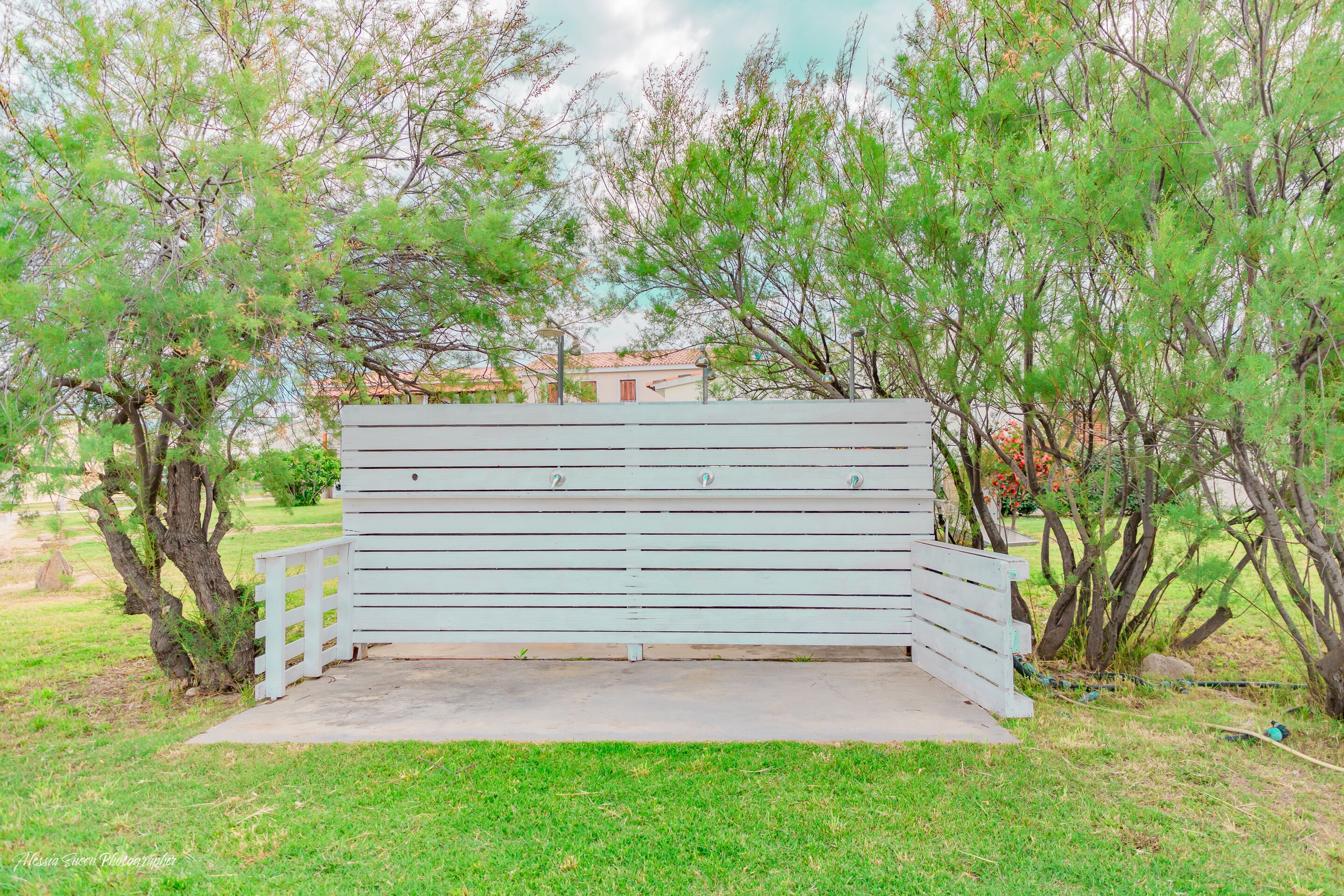A white bench with horizontal slats in a grassy area with trees and a building in the background.