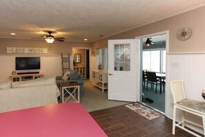 Cottage, 3 Bedrooms, Lakeside | Living area | Flat-screen TV, fireplace - The Sand Box on Hutchin's Lake (Fennville)