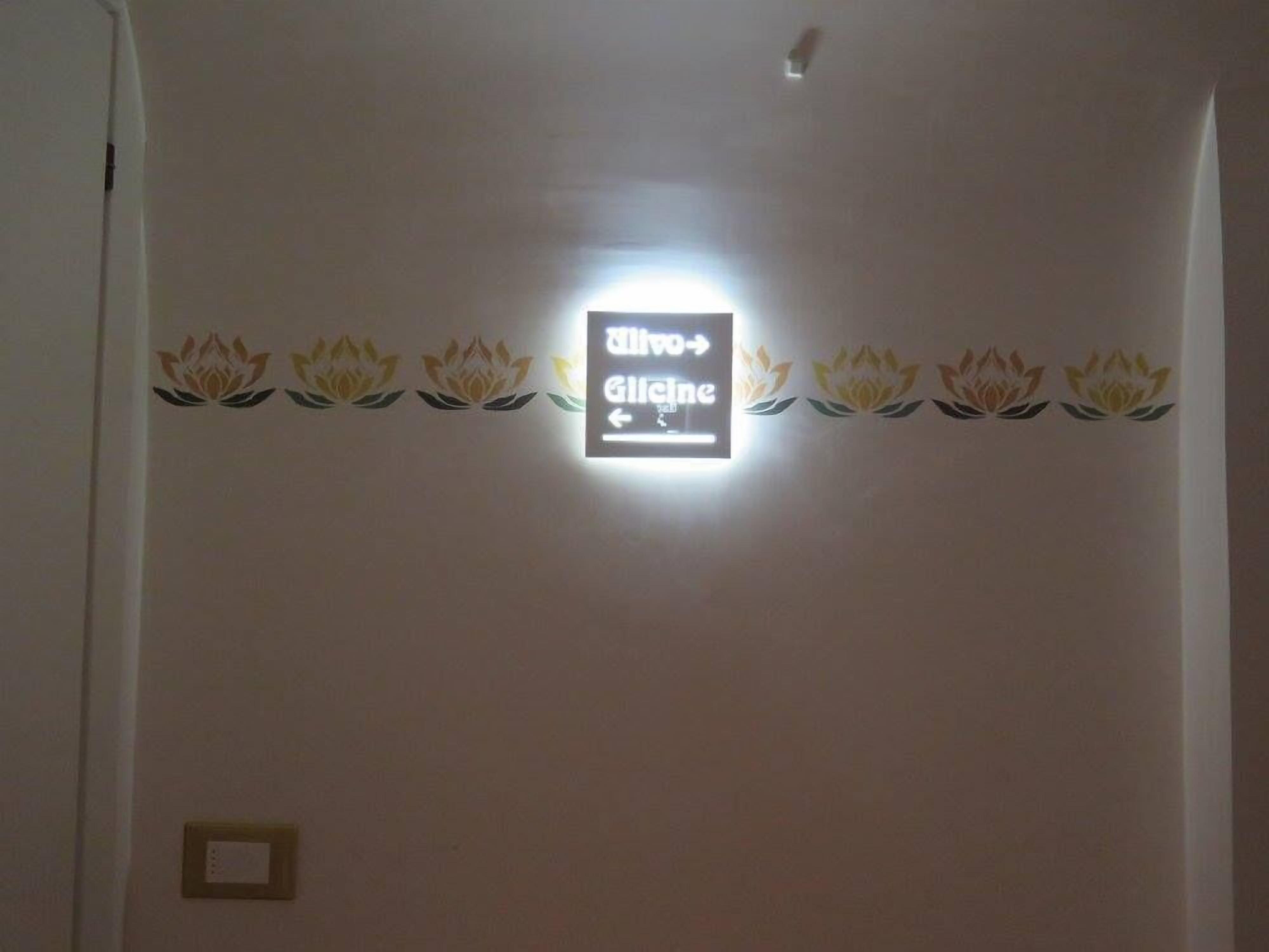 A sign with directional arrows and the word "Glicine" on a wall.