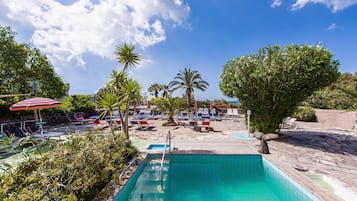 Indoor pool, outdoor pool, pool umbrellas, pool loungers