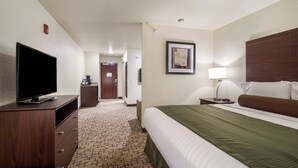 Quarto de hotel com cama, televisão num penteadeira, quadro na parede e abajur na mesa de cabeceira.