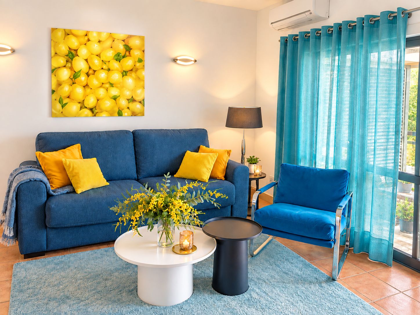A living room with a blue sofa, yellow cushions, a coffee table with a vase of yellow flowers, a lamp, and a chair.